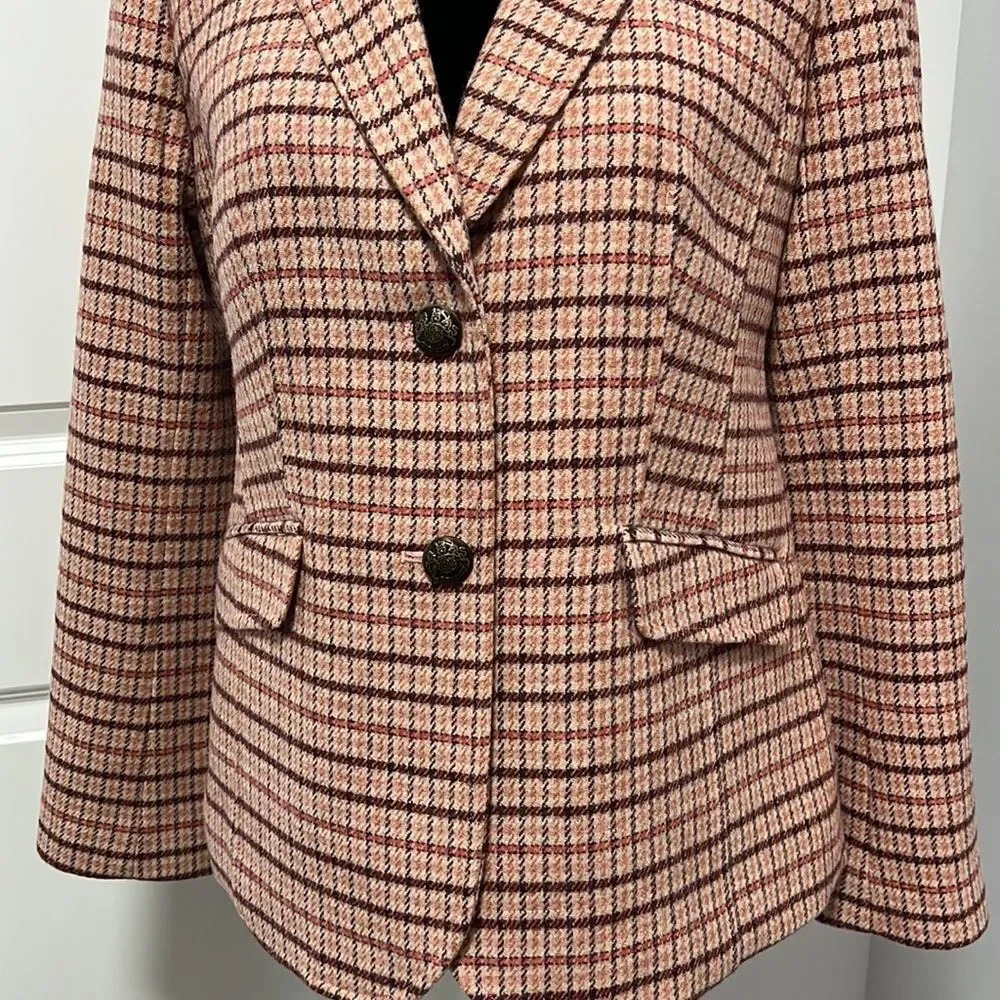 TALBOTS WOMENS PINK WOOL PLAID LONG SLEEVE SINGLE BREAST 2 BUTTON BLAZER SIZE 6 - Picture 3 of 8